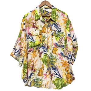 Rose+Olive Button Down Women 1X Multicolor Tropical Safari Animal Print Shirt